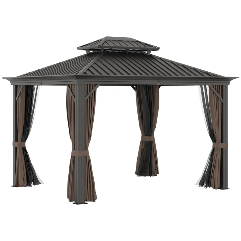 12' x 10' Outdoor Hardtop Gazebo with Netting Sidewalls - Brown