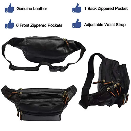 Fanny Pack Outdoor Travel Leather Fanny pack Leather Large Size 7 Pockets Waist Bag.Suitable for Outdoor Mountaineering, Travel, Camping, Cycling, Running, etc.