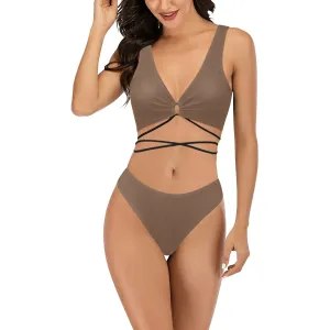 mocha solid print 2 Cross String Bikini Set (Model S29)