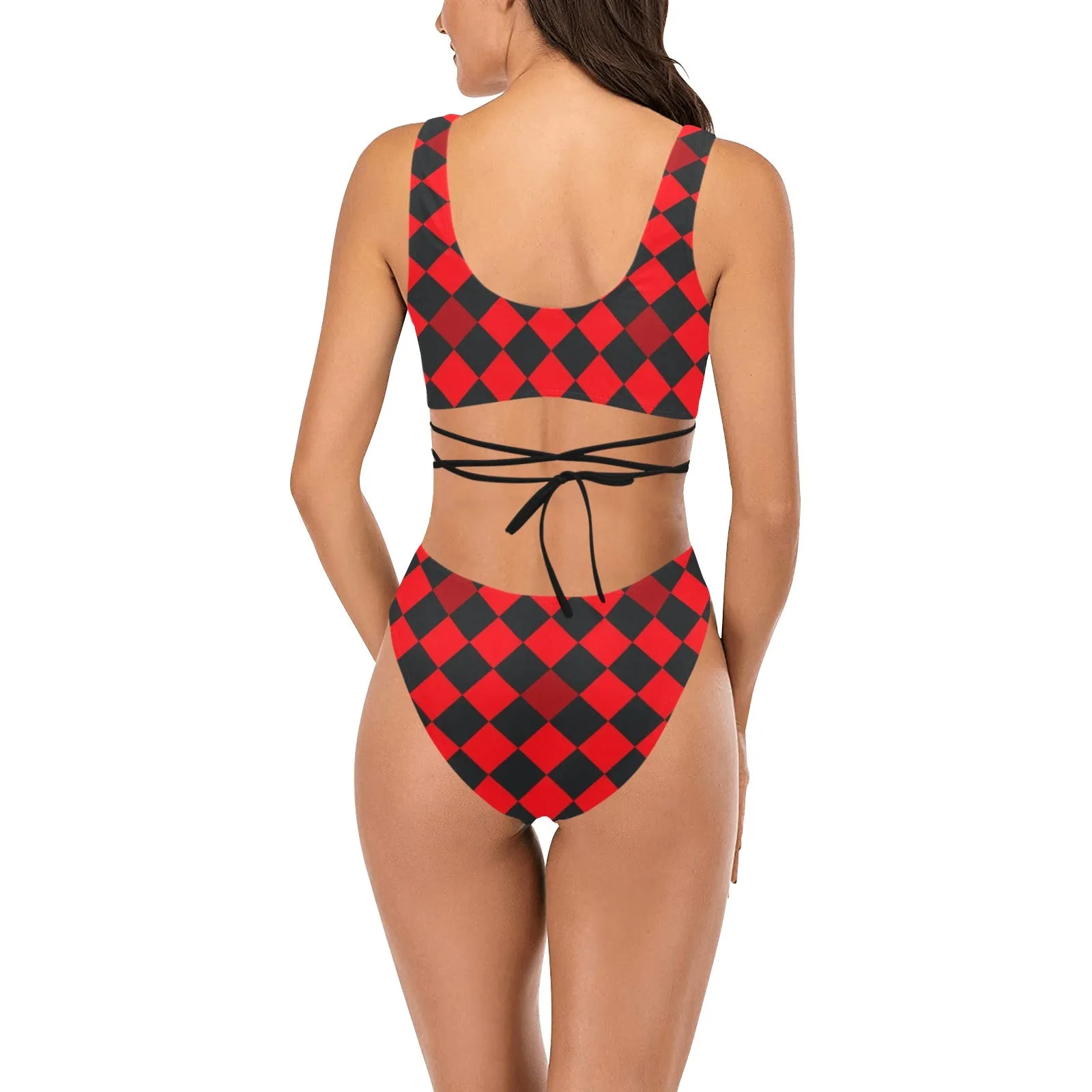 red black diamond print 2 Cross String Bikini Set (Model S29)