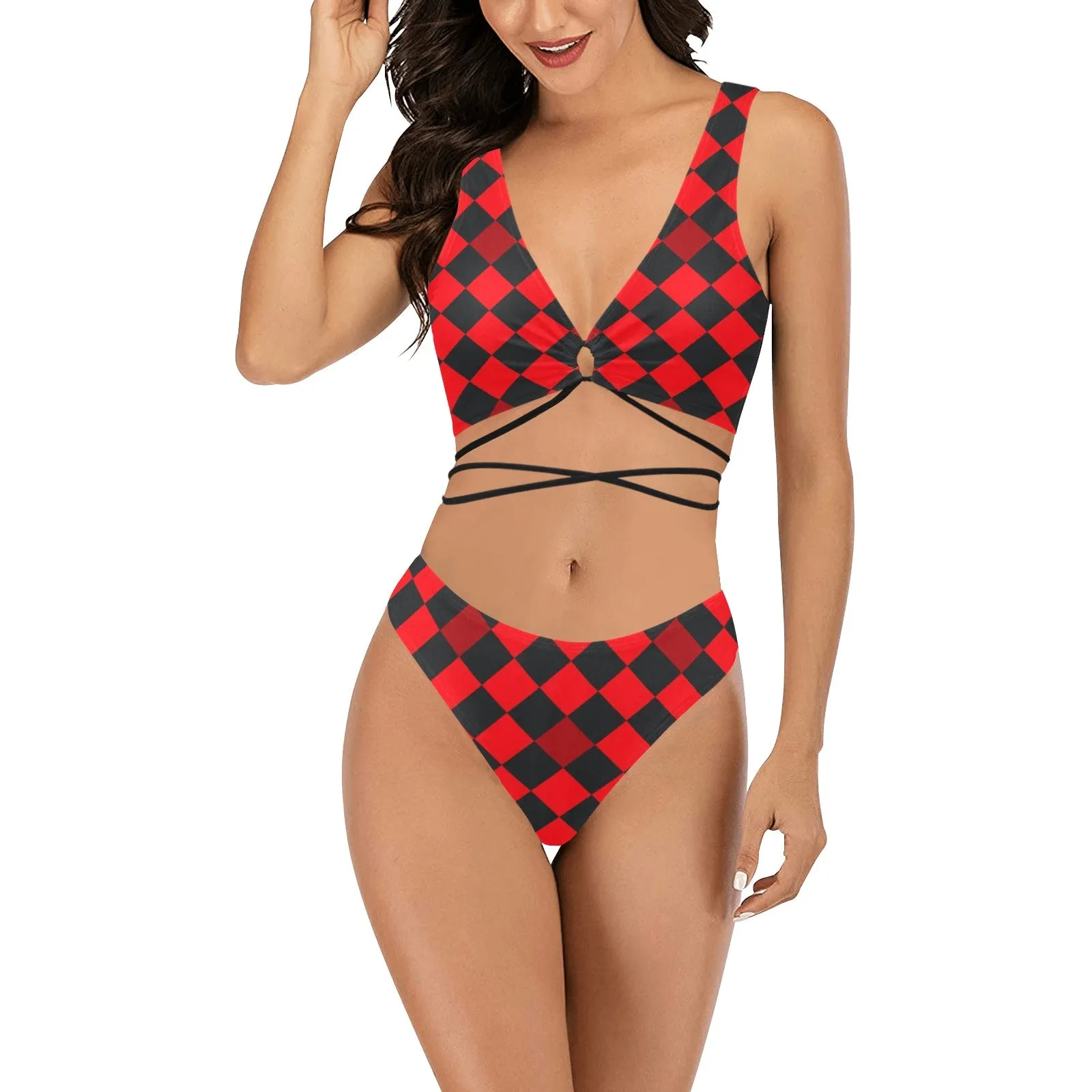 red black diamond print 2 Cross String Bikini Set (Model S29)