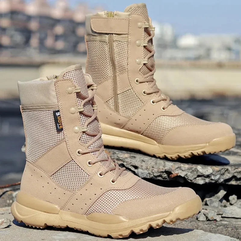 Summer Men's Breathable Combat Boots High Tactical Desert Work Shoes Side Zipper Women Outdoor Mountain Climbing Hiking Boots