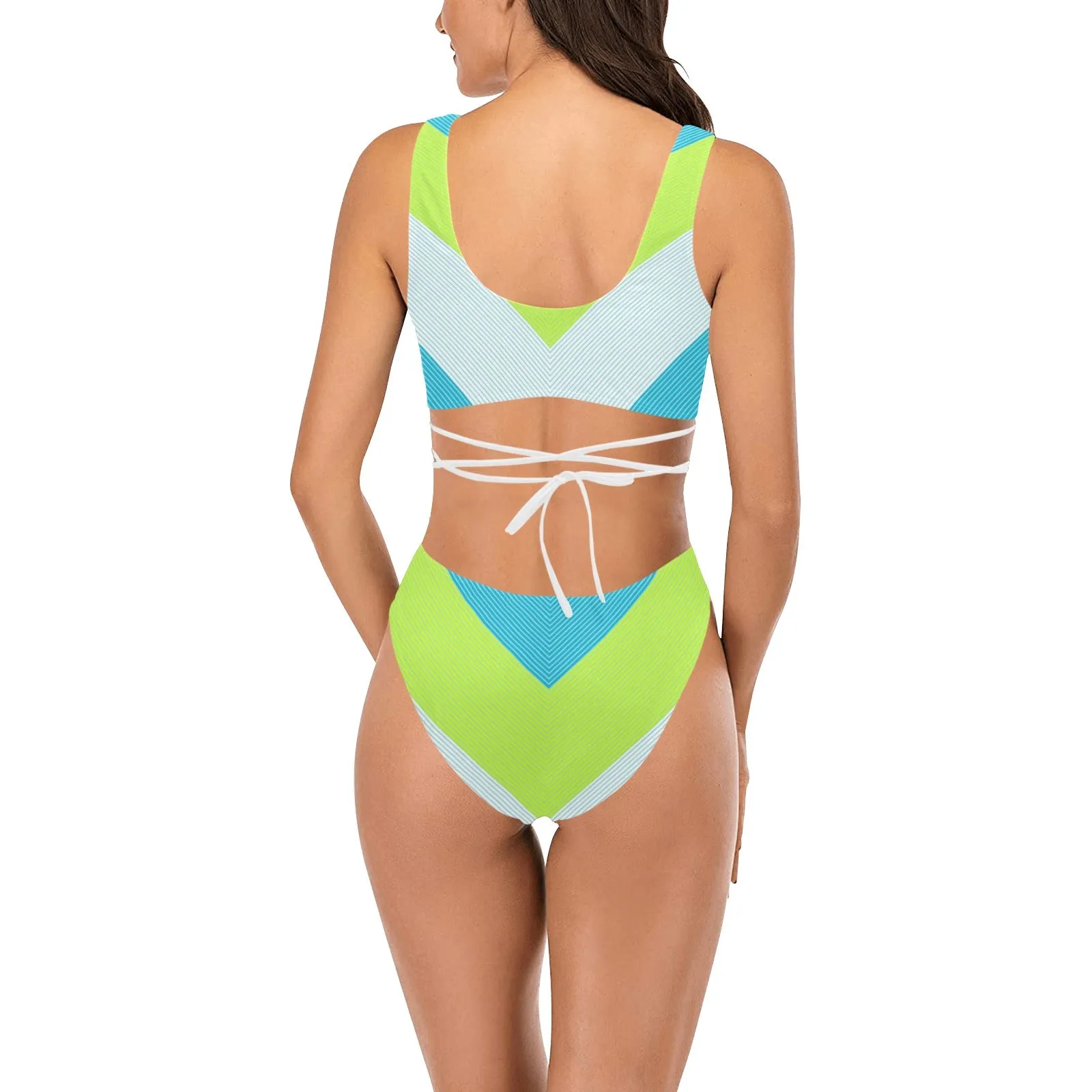 v striped neon green blue white print 5 Cross String Bikini Set (Model S29)