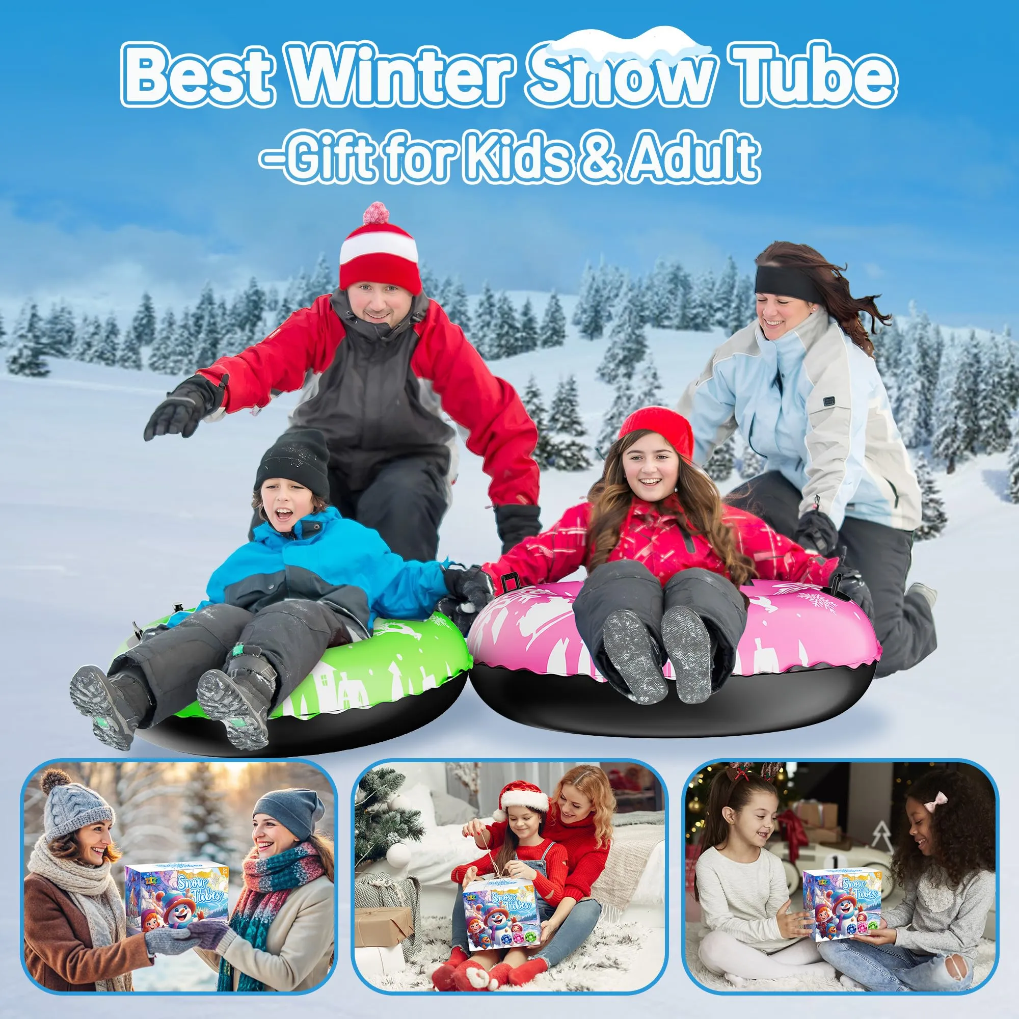 ZIZZ Snow Tubes for Kids Adult - 3 Packs Heavy Duty Inflatable Snow Sleds for Toddler Kids Adult Sledding Toys Outdoor Sport Activities Gift for Boys Girls Christmas Winter Toys Suppiles